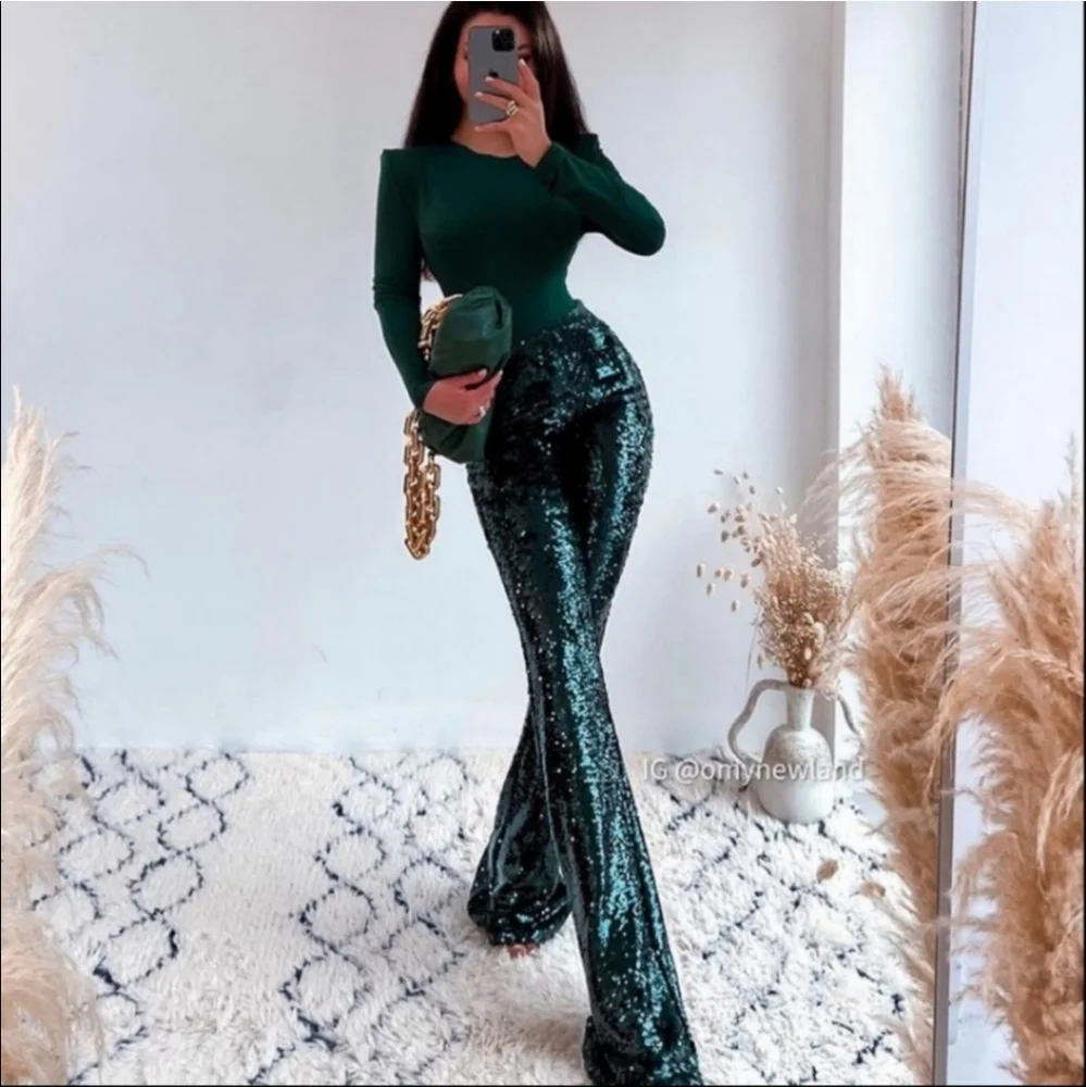 ZARA FLARED HIGH WAISTED GREEN SEQUIN PANTS SIZE M